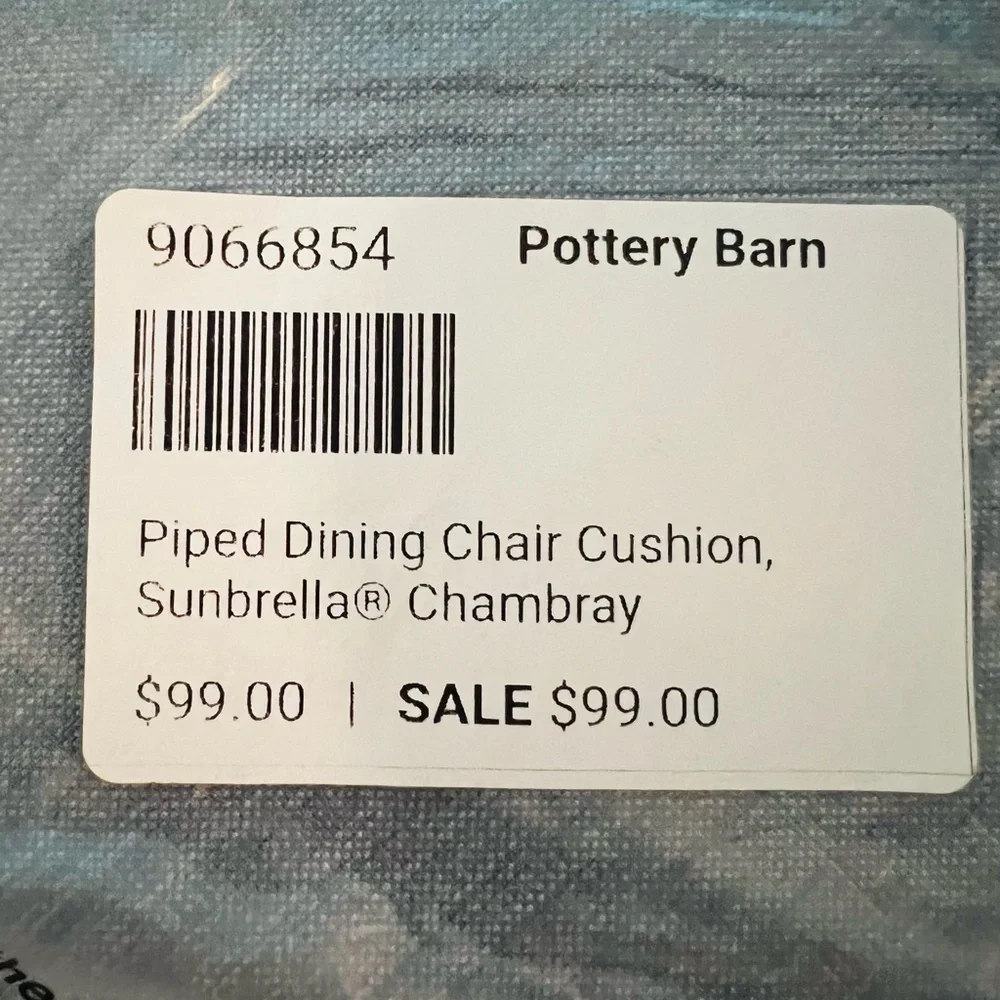 SET OF 2 POTTERY BARN PIPED CHAMBRAY SUNBRELLA DINING CHAIR CUSHIONS NWT